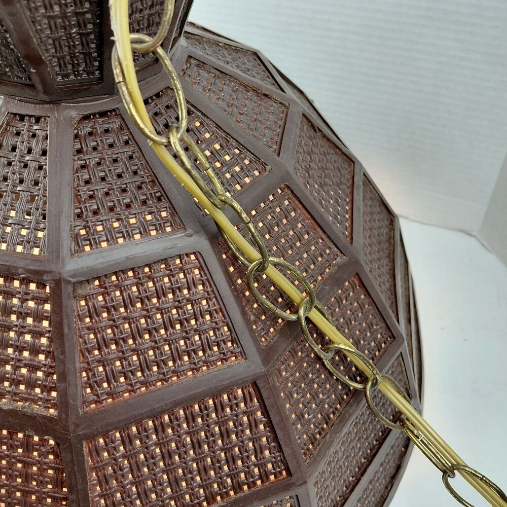 MCM Hanging Swag Lamp Brown Wicker Rattan Shade 12 ft Chain Cord Plug Vtg - Picture 15 of 16